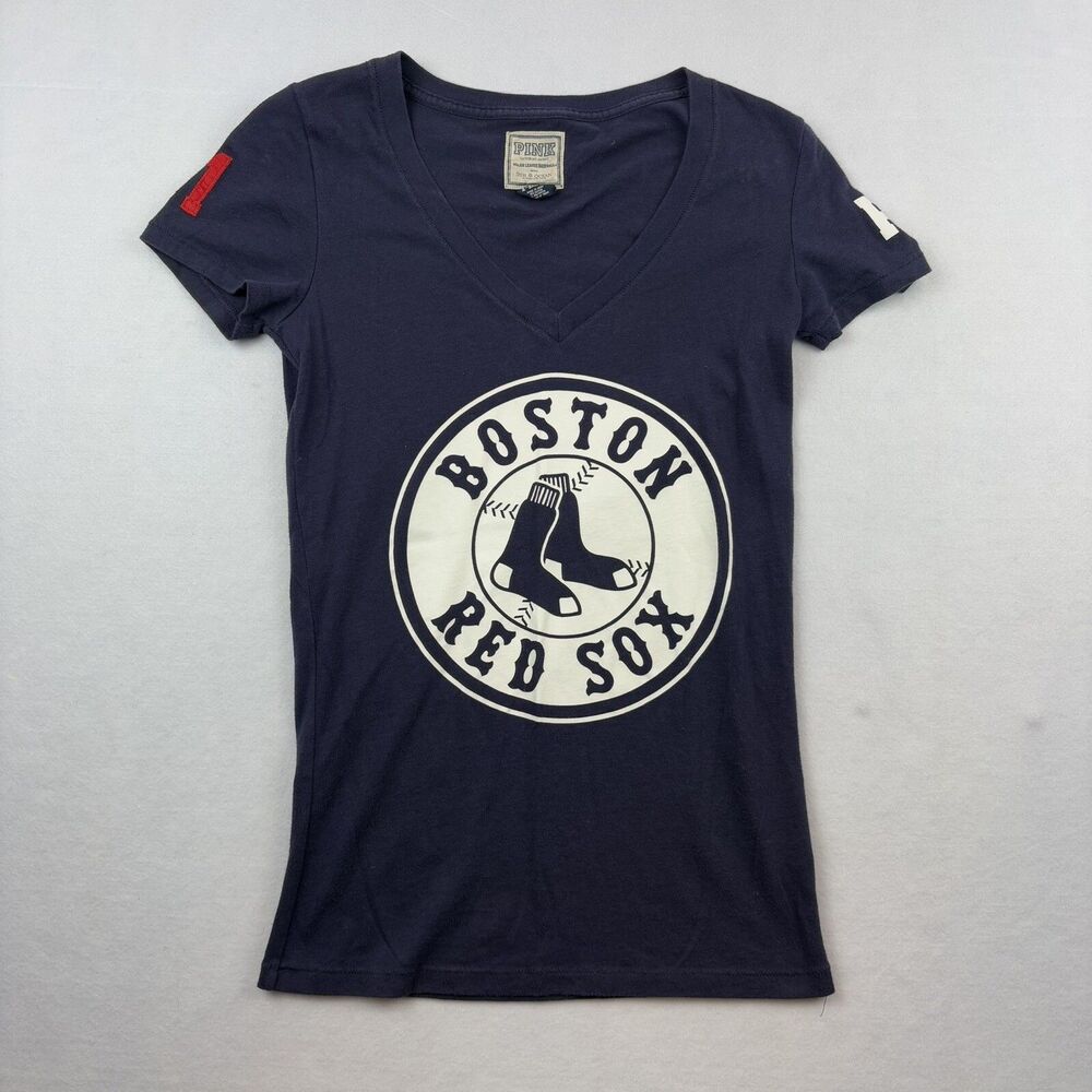 Boston Red Sox MLB Victorias Secret Pink V Neck T Shirt Womens XS Blue